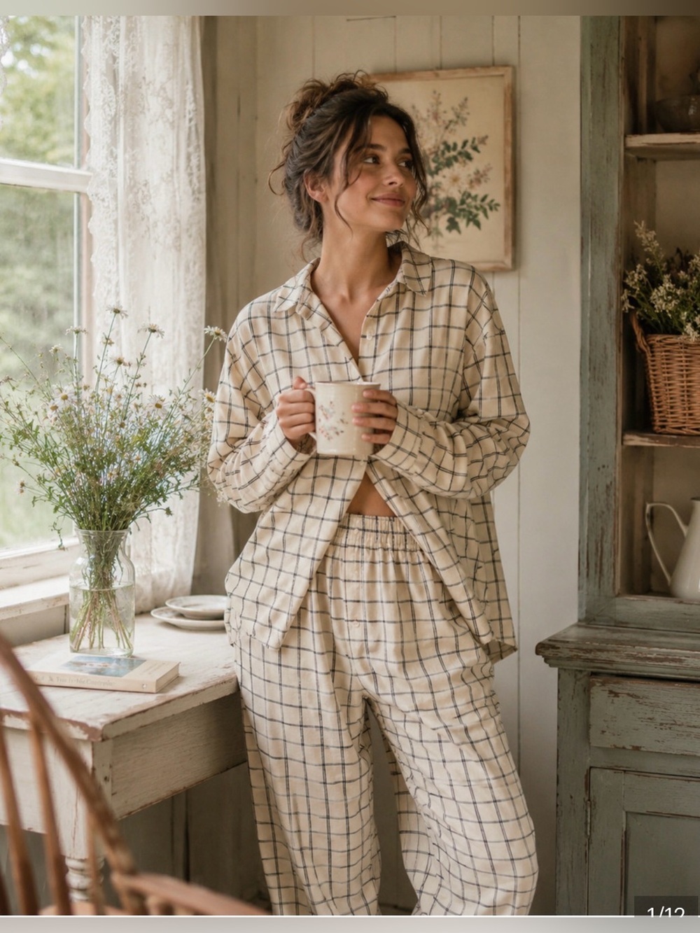 Madewell Pajama Set 2-Piece Plaid Flannel Beige Windowpane Check , XS